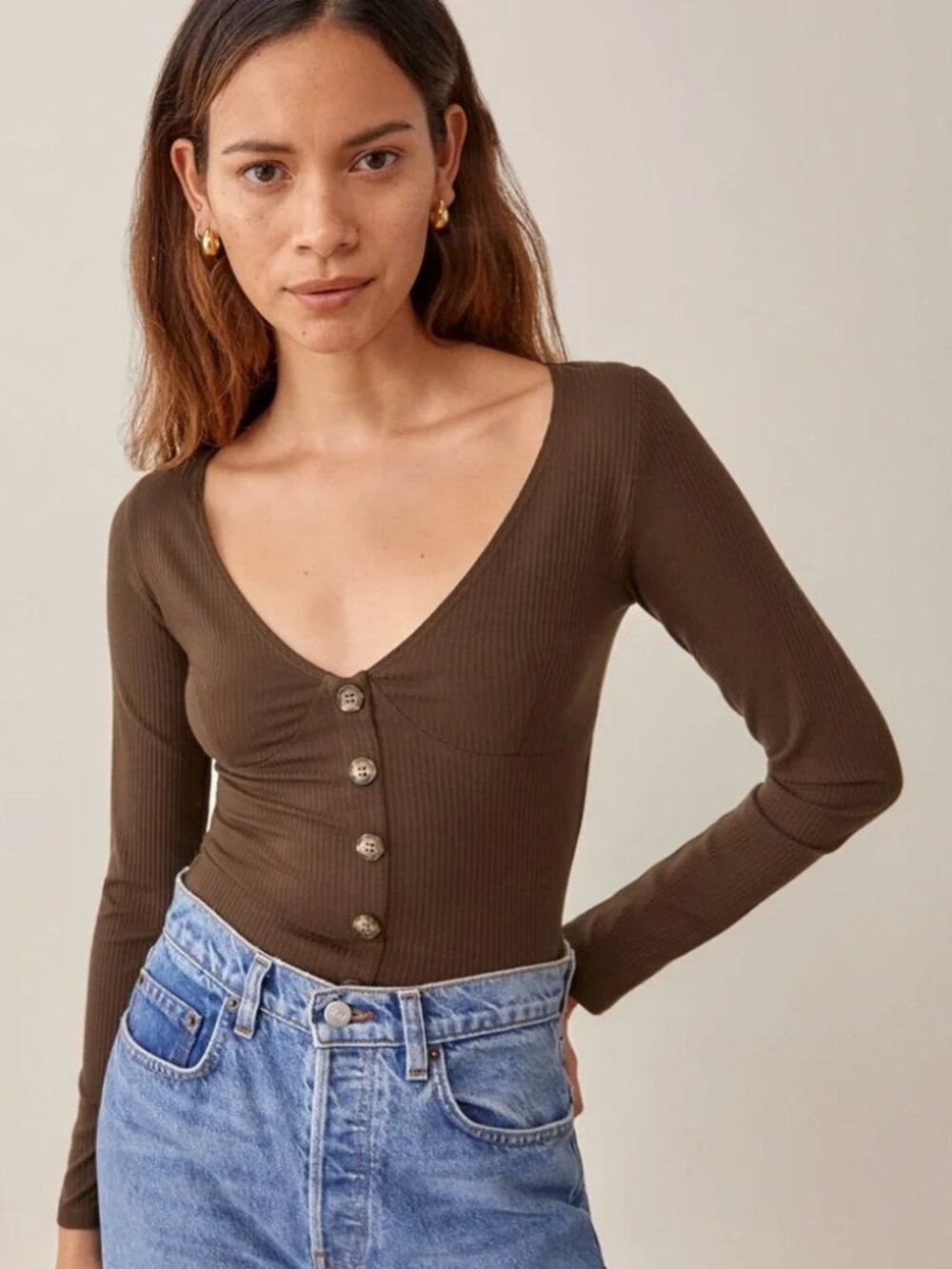 Reformation Virgil Knit Ribbed Brown Long Sleeve Top
